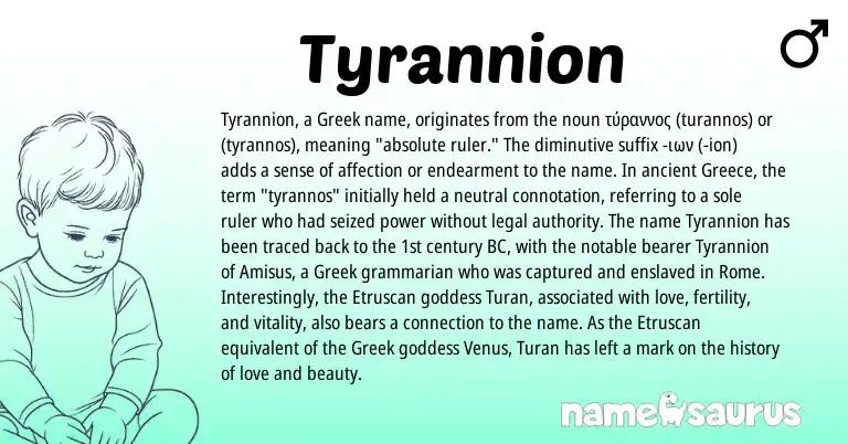 Infographic about Tyrannion name meaning, Tyrannion is a name from Etruscan, Greece, Greek origin(s).