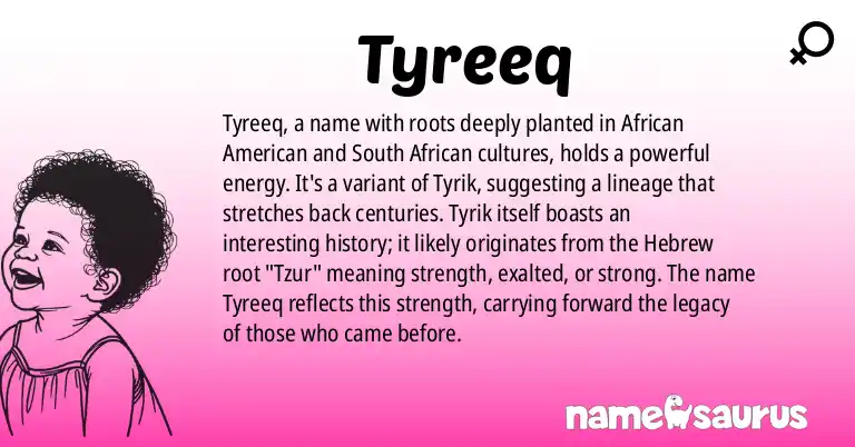 Infographic about Tyreeq name meaning, Tyreeq is a name from African American, South African origin(s).