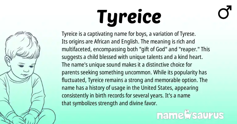 Infographic about Tyreice name meaning, Tyreice is a name from African, English origin(s).