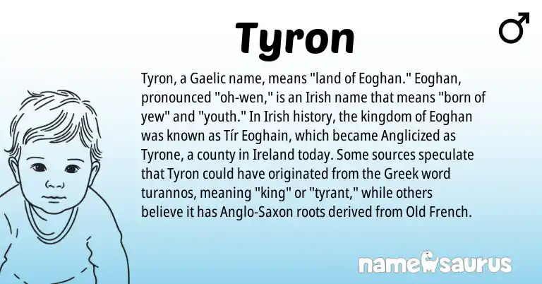 Infographic about Tyron name meaning, Tyron is a name from Irish, Anglo-Saxon, Ireland, Old French, Gaelic, Greek origin(s).