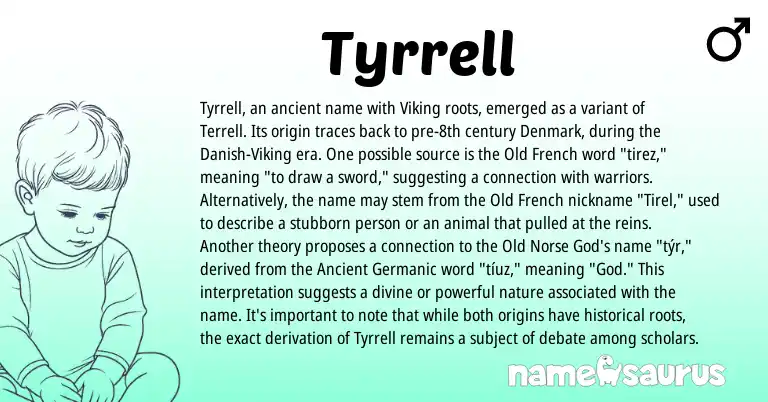 Infographic about Tyrrell name meaning, Tyrrell is a name from Old Norse, Danish, Old French, Ancient Germanic origin(s).