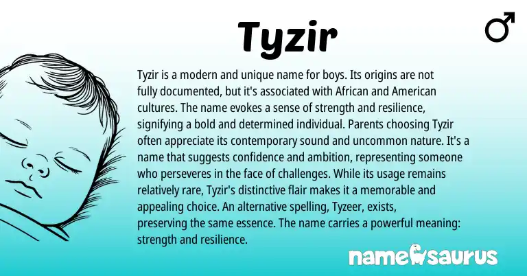 Infographic about Tyzir name meaning, Tyzir is a name from American, African origin(s).