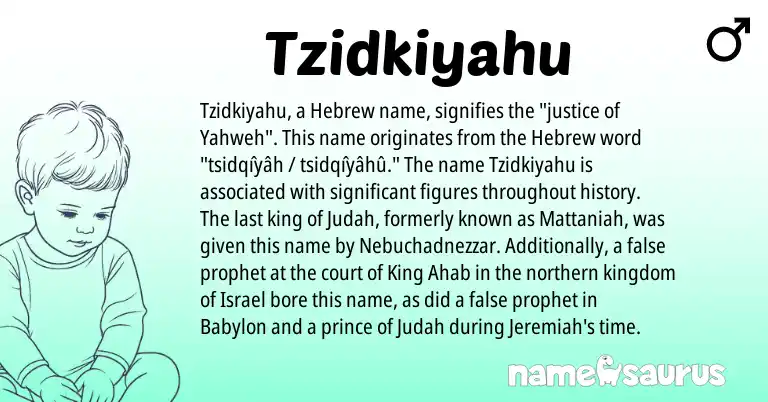 Infographic about Tzidkiyahu name meaning, Tzidkiyahu is a name from Hebrew origin(s).