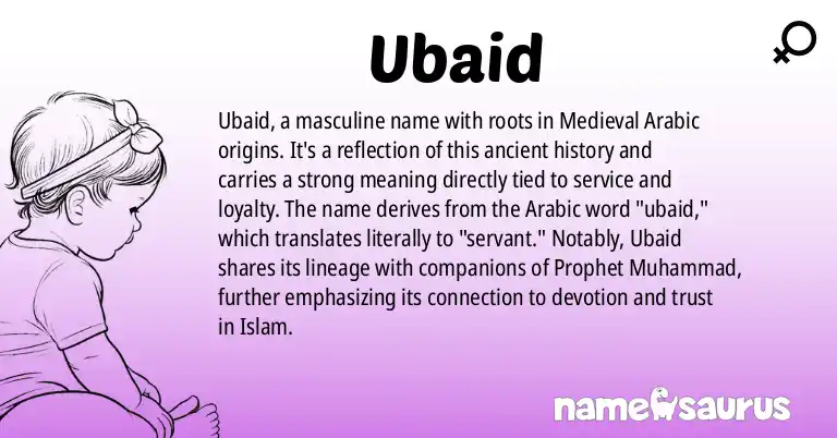 Infographic about Ubaid name meaning, Ubaid is a name from Medieval Arabic (Moorish) origin(s).
