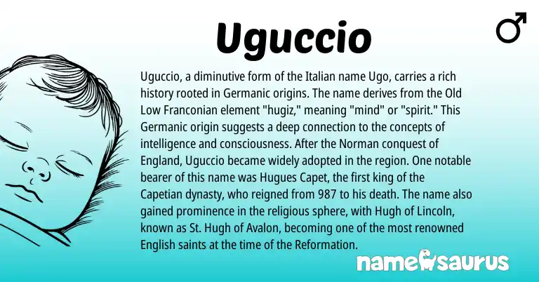 Infographic about Uguccio name meaning, Uguccio is a name from English, England, Germanic, Norman, Italian origin(s).