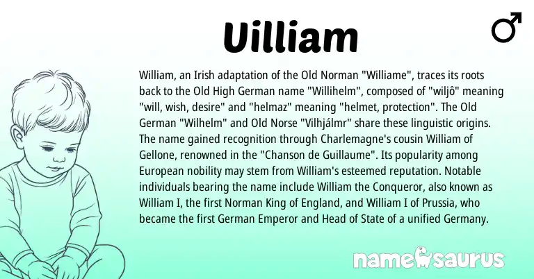 Infographic about Uilliam name meaning, Uilliam is a name from Irish, Old Norse, Old High German, European, England, Old Norman, Old German, German, Norman origin(s).