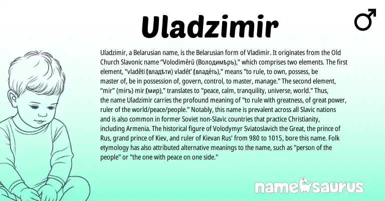 Infographic about Uladzimir name meaning, Uladzimir is a name from Slavic, Soviet, Christianity, Belarusian origin(s).