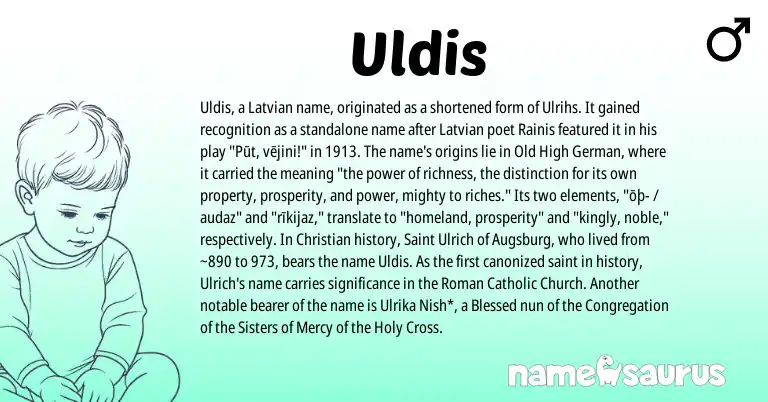 Infographic about Uldis name meaning, Uldis is a name from Old High German, Roman, Latvian origin(s).