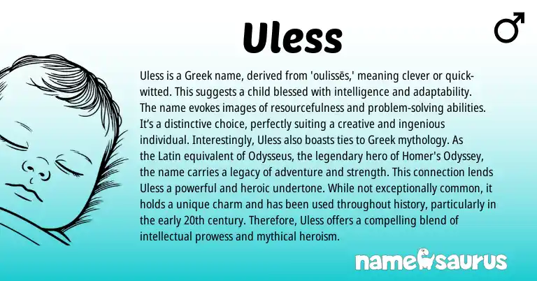 Infographic about Uless name meaning, Uless is a name from English, Greek origin(s).