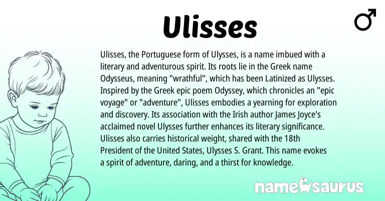Infographic about Ulisses name meaning, Ulisses is a name from Irish, Greek, United States, Portuguese origin(s).
