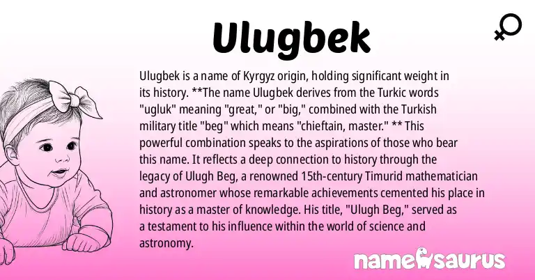 Infographic about Ulugbek name meaning, Ulugbek is a name from Kyrgyz origin(s).