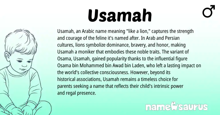 Infographic about Usamah name meaning, Usamah is a name from Persian, Arabic origin(s).