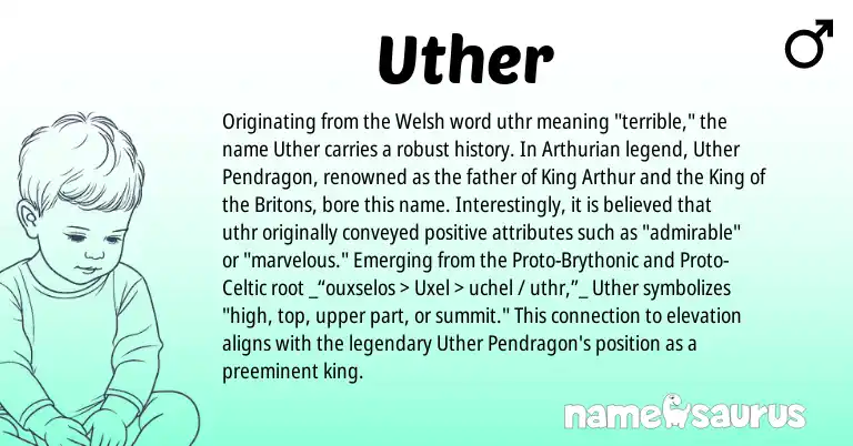 Infographic about Uther name meaning, Uther is a name from Proto-Brythonic, Welsh, Proto-Celtic, Arthurian origin(s).