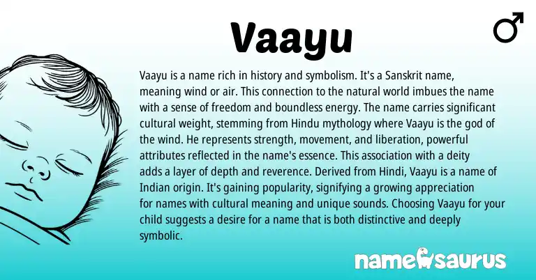 Infographic about Vaayu name meaning, Vaayu is a name from Oriya, Hindu, Sanskrit origin(s).