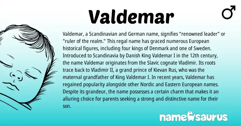 Infographic about Valdemar name meaning, Valdemar is a name from Danish, Eastern European, Scandinavian, Slavic, European, German, Nordic origin(s).