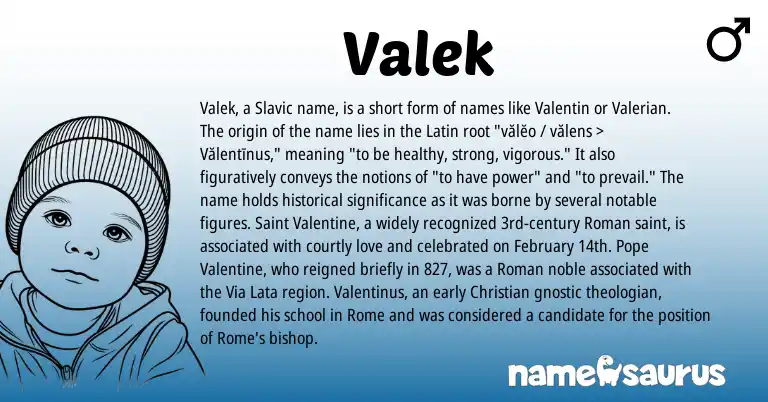 Infographic about Valek name meaning, Valek is a name from Roman, Slavic, Latin origin(s).