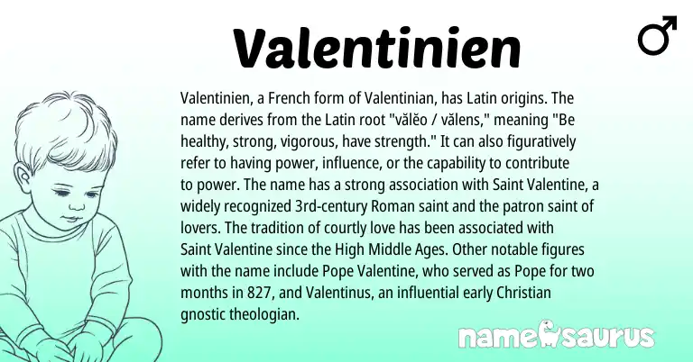 Infographic about Valentinien name meaning, Valentinien is a name from Roman, French, Latin origin(s).