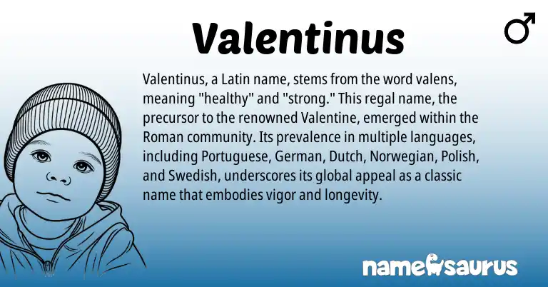 Infographic about Valentinus name meaning, Valentinus is a name from Polish, Norwegian, Swedish, Roman, Latin, German, Dutch, Portuguese origin(s).