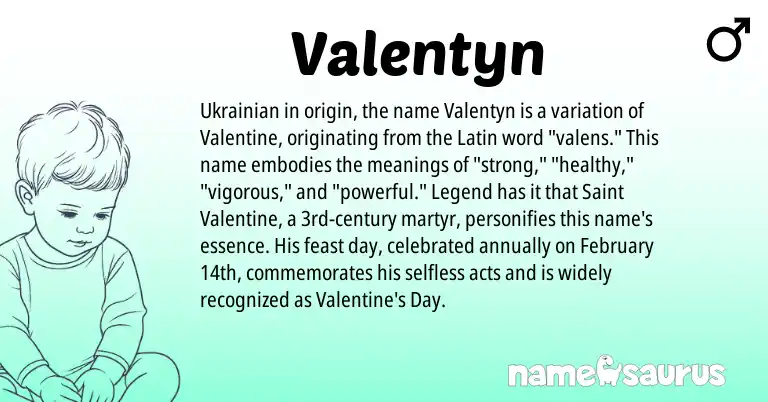 Infographic about Valentyn name meaning, Valentyn is a name from Ukrainian, Latin origin(s).