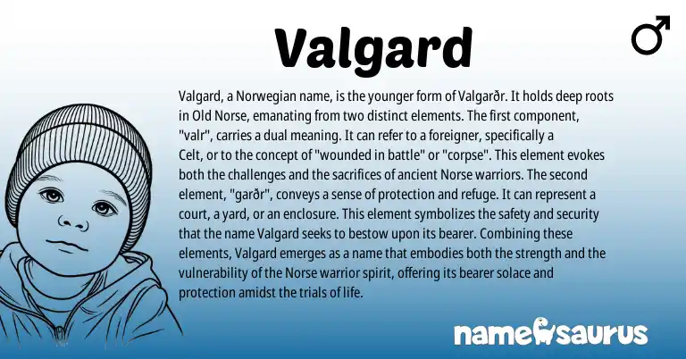 Infographic about Valgard name meaning, Valgard is a name from Norwegian, Old Norse, Norse origin(s).