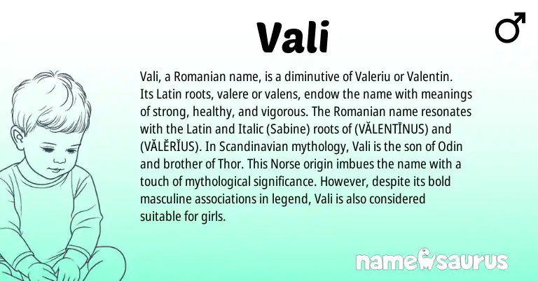 Infographic about Vali name meaning, Vali is a name from Romanian, Latin, Scandinavian, Norse origin(s).