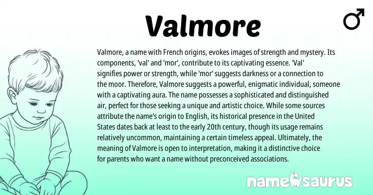 Infographic about Valmore name meaning, Valmore is a name from French origin(s).