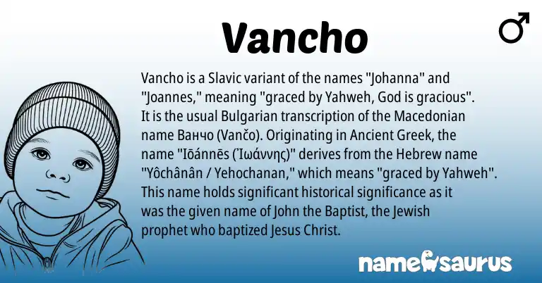 Infographic about Vancho name meaning, Vancho is a name from Bulgarian, Ancient Greek, Slavic, Macedonian, Jewish, Hebrew origin(s).