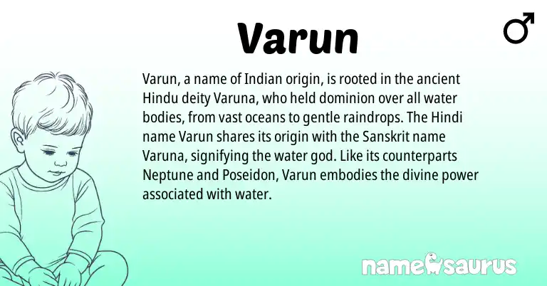 Infographic about Varun name meaning, Varun is a name from Sanskrit, Hindi, Indian, Hindu origin(s).