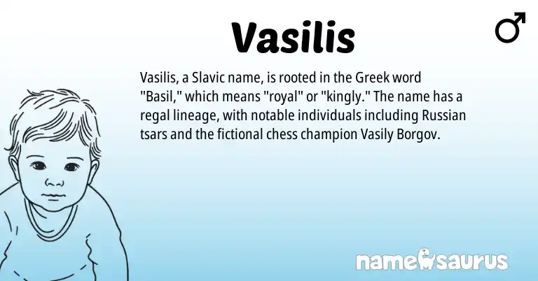 Infographic about Vasilis name meaning, Vasilis is a name from Russian, Slavic, Greek origin(s).
