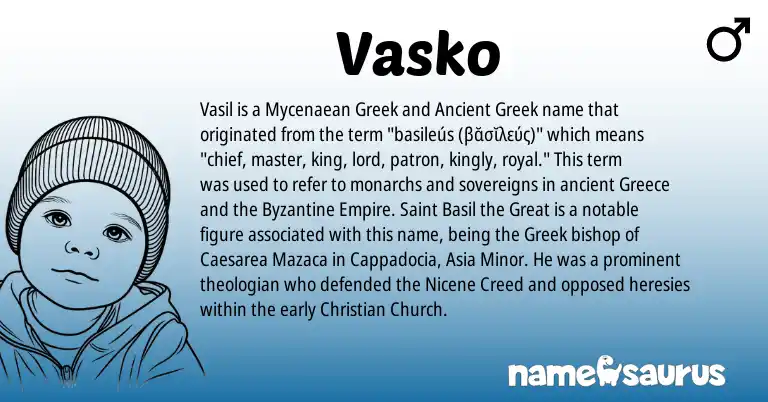 Infographic about Vasko name meaning, Vasko is a name from Ancient Greek, Greece, Greek origin(s).