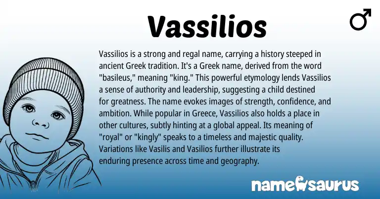 Infographic about Vassilios name meaning, Vassilios is a name from Greek origin(s).