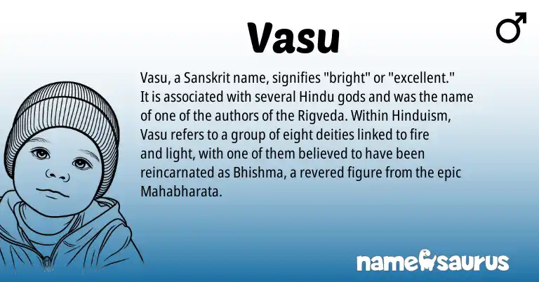Infographic about Vasu name meaning, Vasu is a name from Hinduism, Sanskrit, Hindu origin(s).