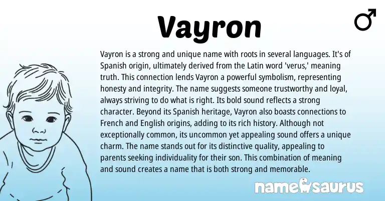 Infographic about Vayron name meaning, Vayron is a name from Latin, Spanish origin(s).