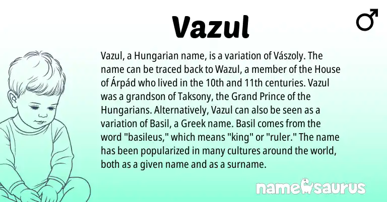 Infographic about Vazul name meaning, Vazul is a name from Hungarian, Greek origin(s).