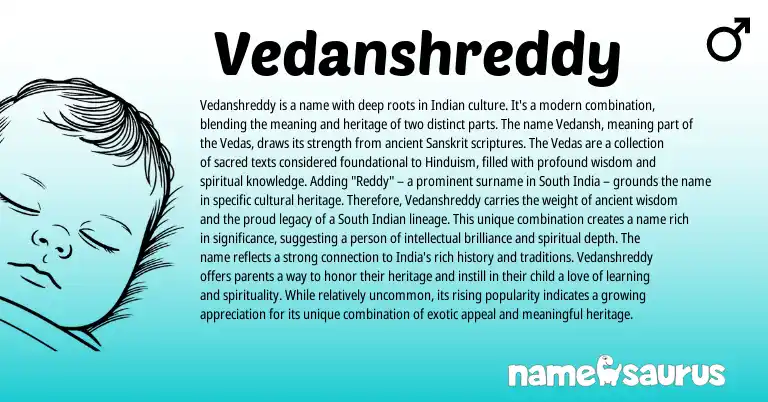 Infographic about Vedanshreddy name meaning, Vedanshreddy is a name from Indian, Sanskrit origin(s).