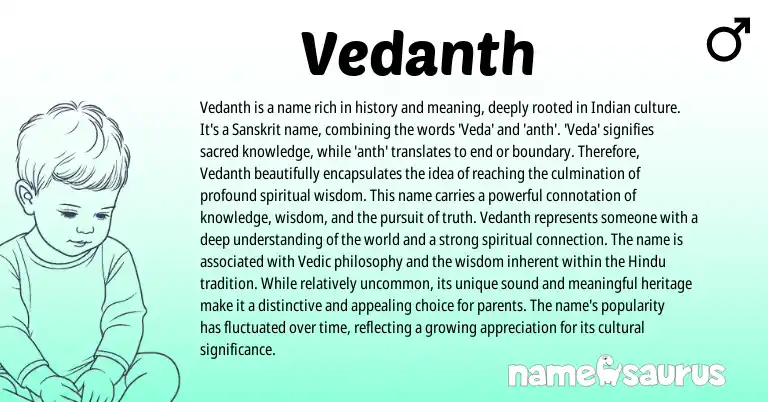 Infographic about Vedanth name meaning, Vedanth is a name from Sanskrit, Indian origin(s).