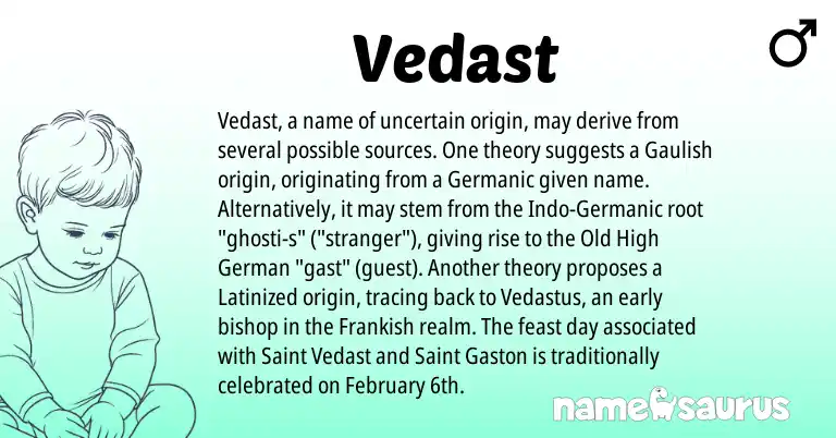 Infographic about Vedast name meaning, Vedast is a name from Old High German, Germanic, Frankish, Gaulish origin(s).