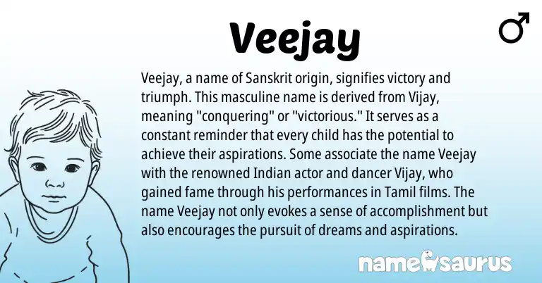 Infographic about Veejay name meaning, Veejay is a name from Sanskrit, Indian, Tamil origin(s).