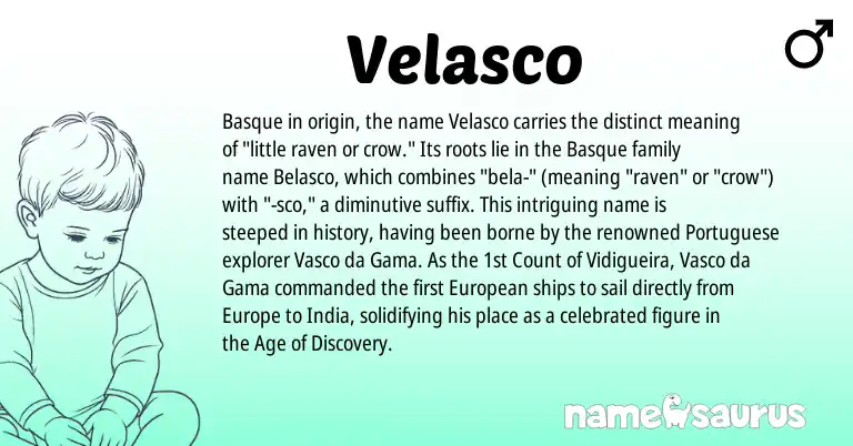Infographic about Velasco name meaning, Velasco is a name from Basque, European, Portuguese origin(s).