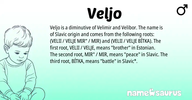 Infographic about Veljo name meaning, Veljo is a name from Slavic, Estonian origin(s).