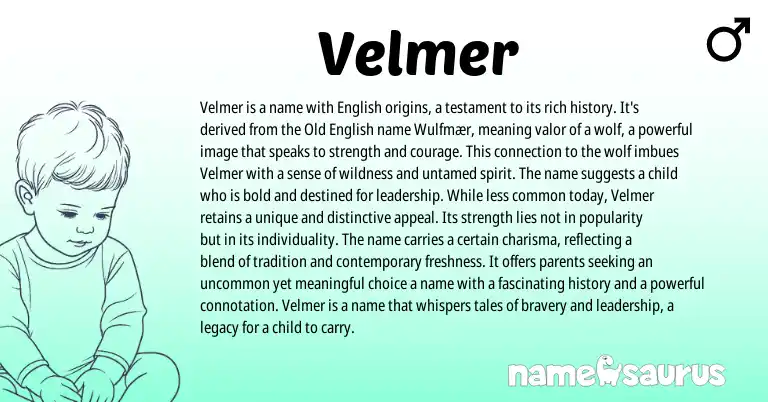 Infographic about Velmer name meaning, Velmer is a name from English origin(s).