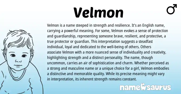 Infographic about Velmon name meaning, Velmon is a name from English origin(s).