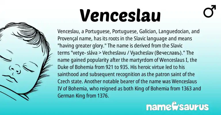 Infographic about Venceslau name meaning, Venceslau is a name from Slavic, Provençal, Galician, German, Czech, Portuguese origin(s).