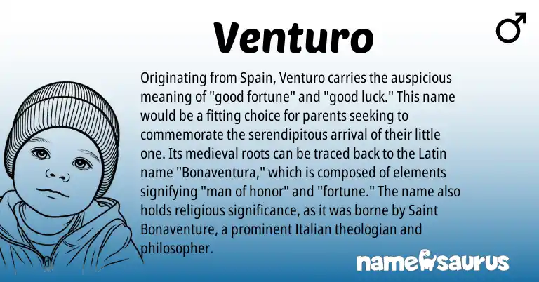 Infographic about Venturo name meaning, Venturo is a name from Spain, Latin, Italian origin(s).