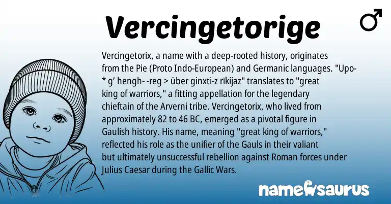 Infographic about Vercingetorige name meaning, Vercingetorige is a name from Pie, Gauls, European, Gaulish, Germanic, Roman origin(s).