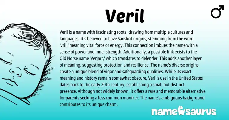 Infographic about Veril name meaning, Veril is a name from Norse, Sanskrit origin(s).