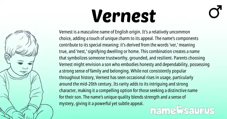 Infographic about Vernest name meaning, Vernest is a name from English origin(s).
