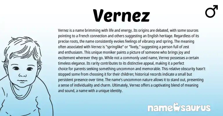 Infographic about Vernez name meaning, Vernez is a name from French, English origin(s).