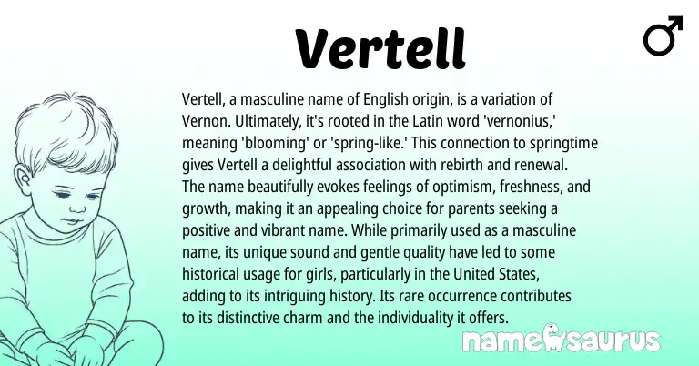 Infographic about Vertell name meaning, Vertell is a name from Latin, English origin(s).