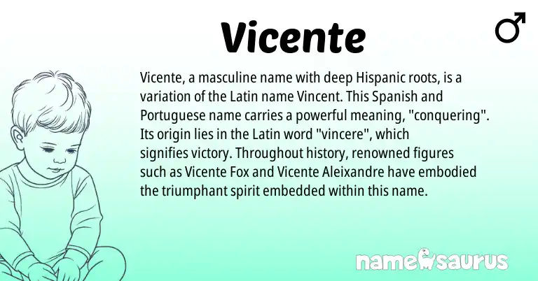 Infographic about Vicente name meaning, Vicente is a name from Spanish, Hispanic, Latin, Portuguese origin(s).
